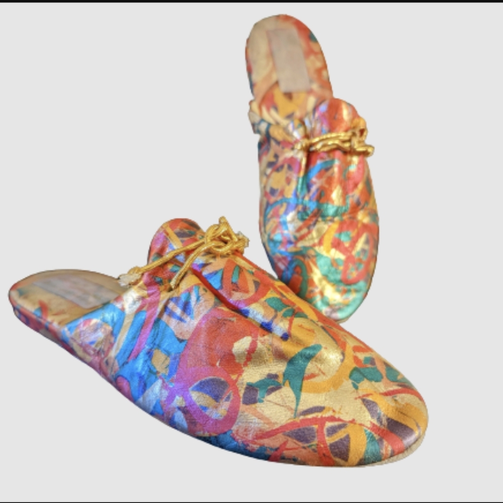 ✖️ SOLD ✖️Jacques Levine RARE Vintage Leather Gold Multicolor Slippers
